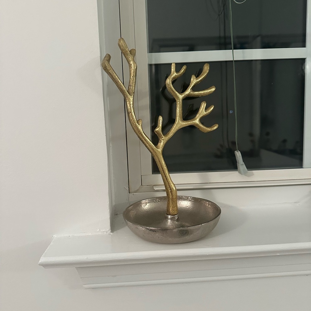 Gold Branch Jewelry Tree with Metallic Dish